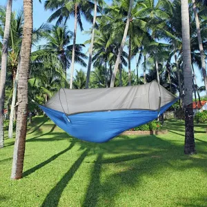 𝐻𝑎𝑚𝑚𝑜𝑐𝑘 with Mosquito Net, Hanging Bed with Mosquito Cover, Suitable for Outdoor Camping Travel Dining Gatherings (Blue)