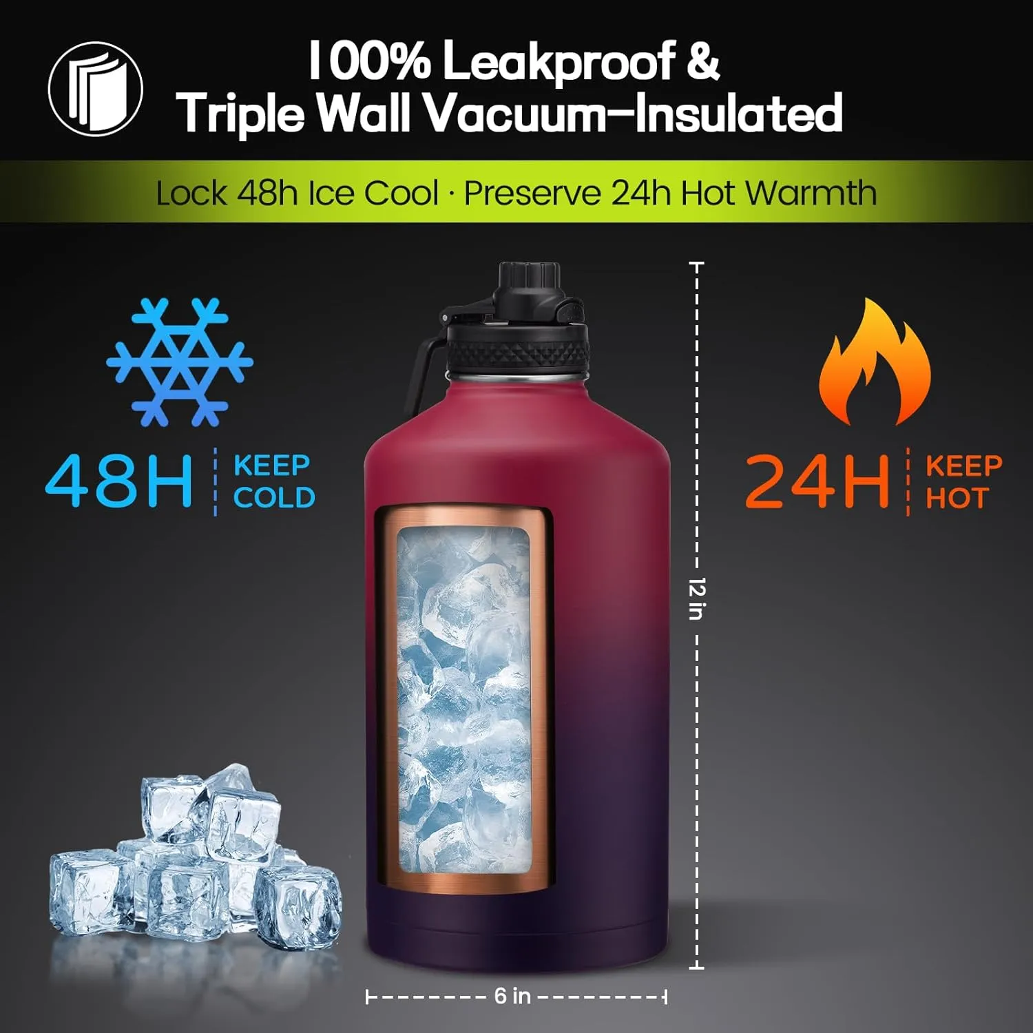 1 Gallon 128 oz Insuated Water Bottle, (Keep Cold 48H), Leak Proof Food-Grade Stainless Steel Big Water Jug With Straw Lid and Atuo Spout Lid, Portable Paracord Handle & Carrier Bag