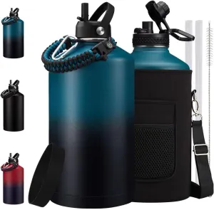 1 Gallon 128 oz Insuated Water Bottle, (Keep Cold 48H), Leak Proof Food-Grade Stainless Steel Big Water Jug With Straw Lid and Atuo Spout Lid, Portable Paracord Handle & Carrier Bag
