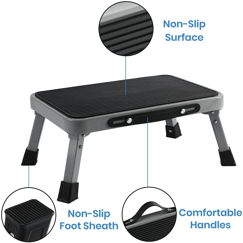 1-Step 330lbs Capacity Folding Metal Step Stool, Portable Step Ladder, Non-Slip, Sturdy