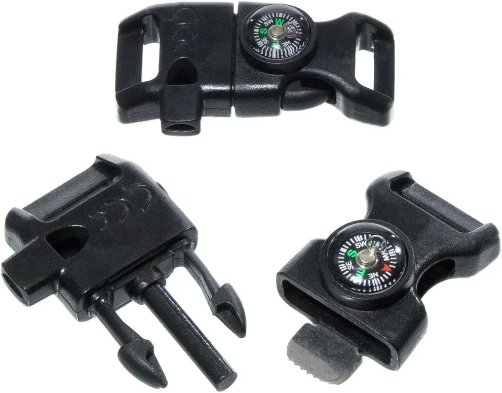 10 Piece Black 5/8 Inch Compass Flint Firestarter Scraper Whistle Utility Buckles - Ideal for Camping, Emergency, Travel, Paracord Bracelets, Outdoors, Survival, Travel Kits