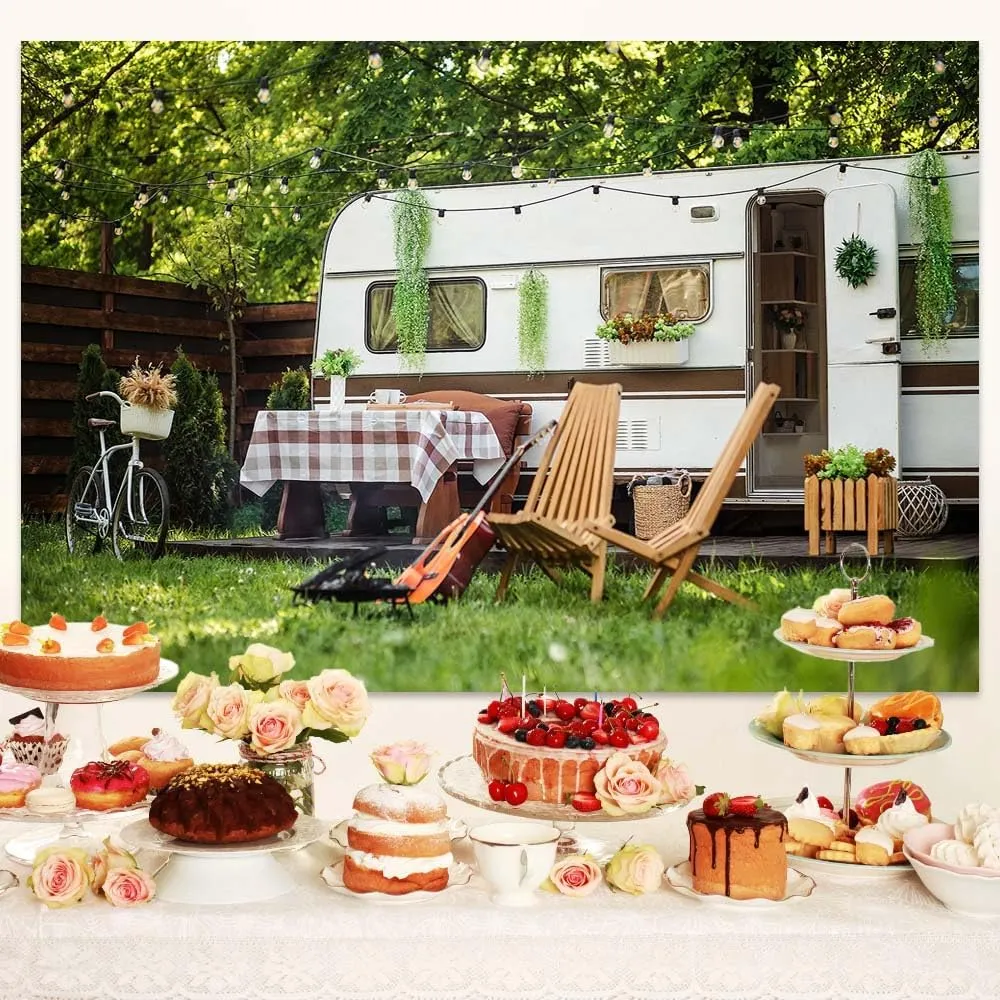 10 x 8 ft Spring Camping Background Sun Forest Camping Trailer Nature Backdrop, Photography Background for Kids Photo Party Banner Studio Prop
