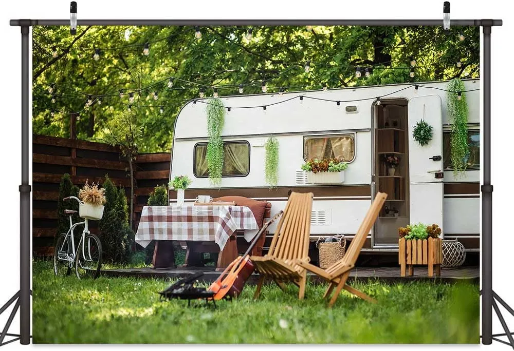 10 x 8 ft Spring Camping Background Sun Forest Camping Trailer Nature Backdrop, Photography Background for Kids Photo Party Banner Studio Prop