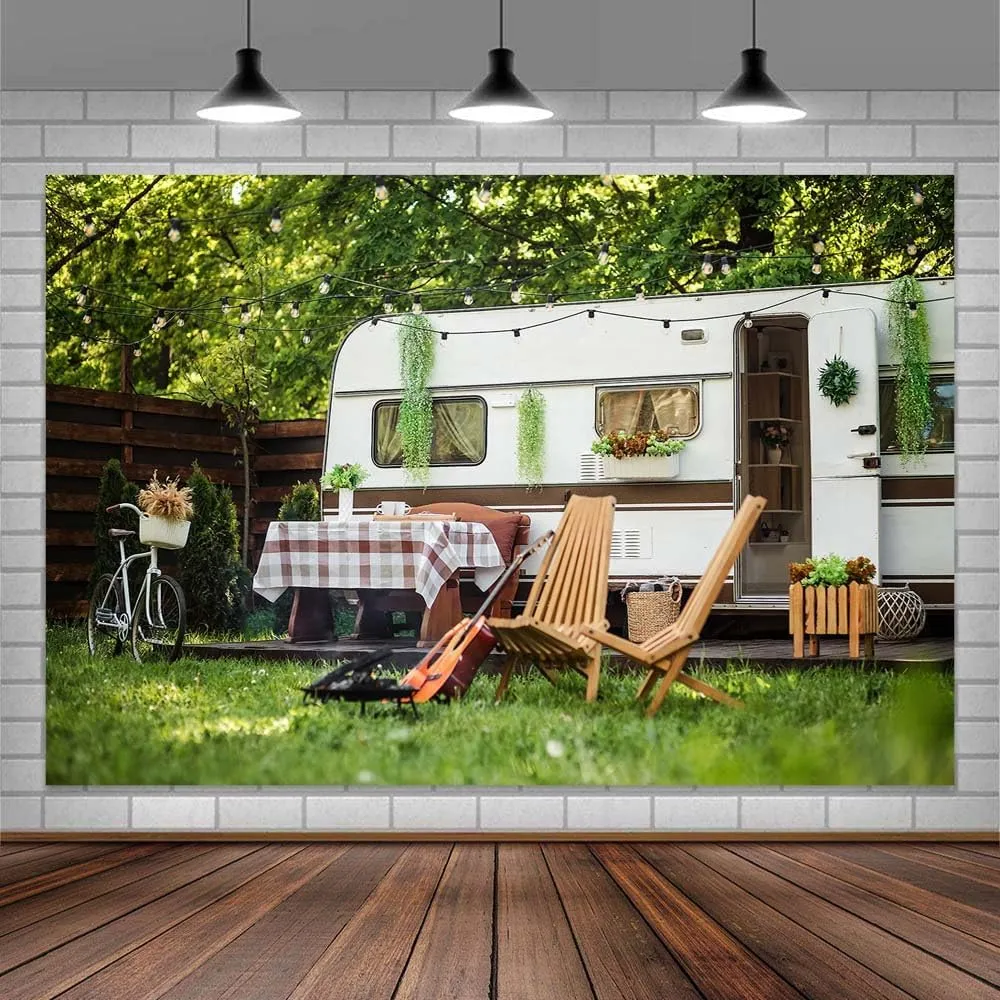 10 x 8 ft Spring Camping Background Sun Forest Camping Trailer Nature Backdrop, Photography Background for Kids Photo Party Banner Studio Prop