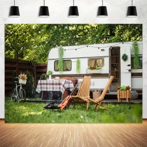 10 x 8 ft Spring Camping Background Sun Forest Camping Trailer Nature Backdrop, Photography Background for Kids Photo Party Banner Studio Prop