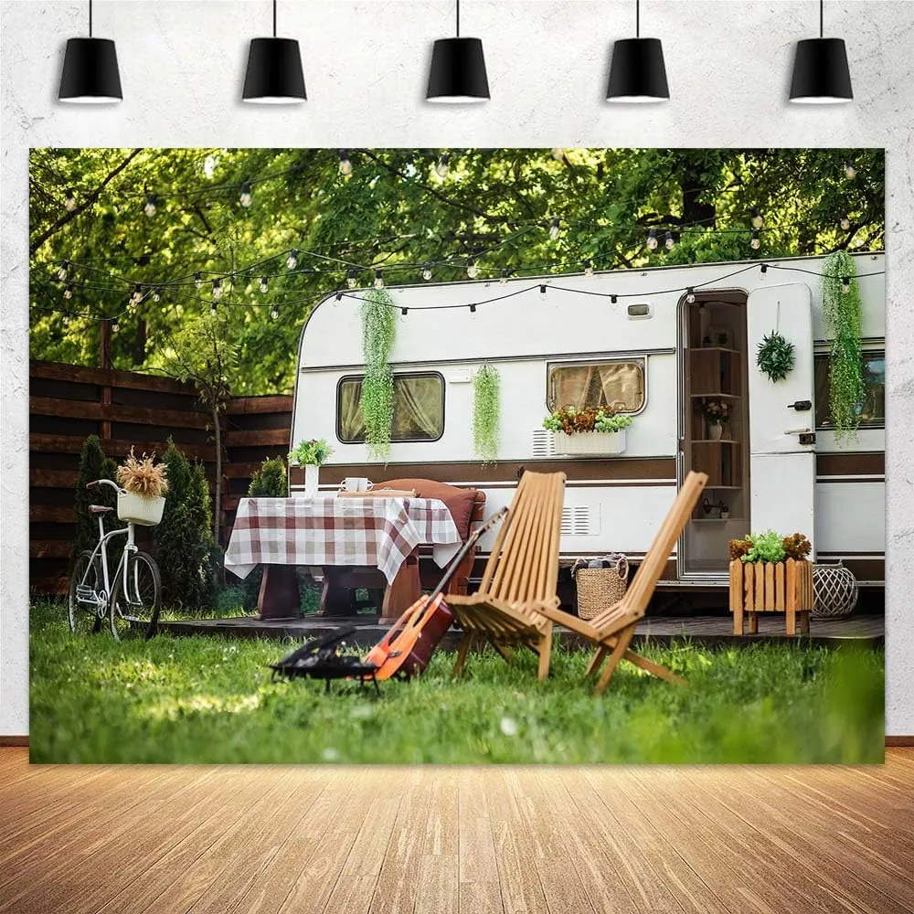 10 x 8 ft Spring Camping Background Sun Forest Camping Trailer Nature Backdrop, Photography Background for Kids Photo Party Banner Studio Prop
