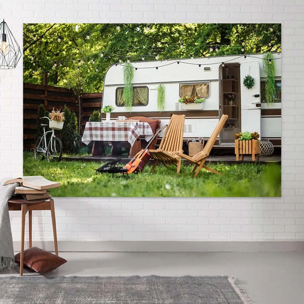 10 x 8 ft Spring Camping Background Sun Forest Camping Trailer Nature Backdrop, Photography Background for Kids Photo Party Banner Studio Prop