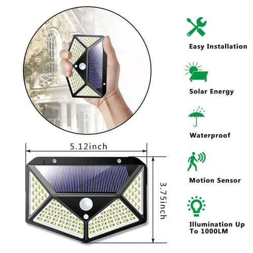 100-LED Solar-Powered Wall Light with 4 Adaptive Modes and PIR Motion Sensor: Waterproof