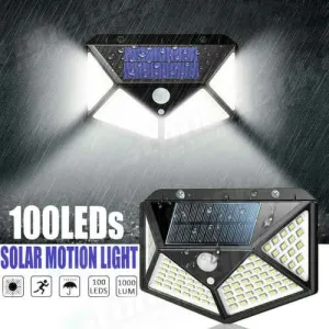 100-LED Solar-Powered Wall Light with 4 Adaptive Modes and PIR Motion Sensor: Waterproof
