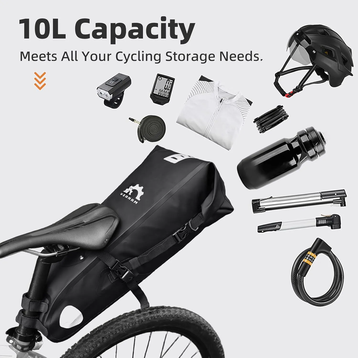 10L Bike Saddle Bag Waterproof with Roll-Top Closure Adjustable Bike Seat Bag Bicycle Tail Bag Bikepacking Bags for Mountain Road Bikes