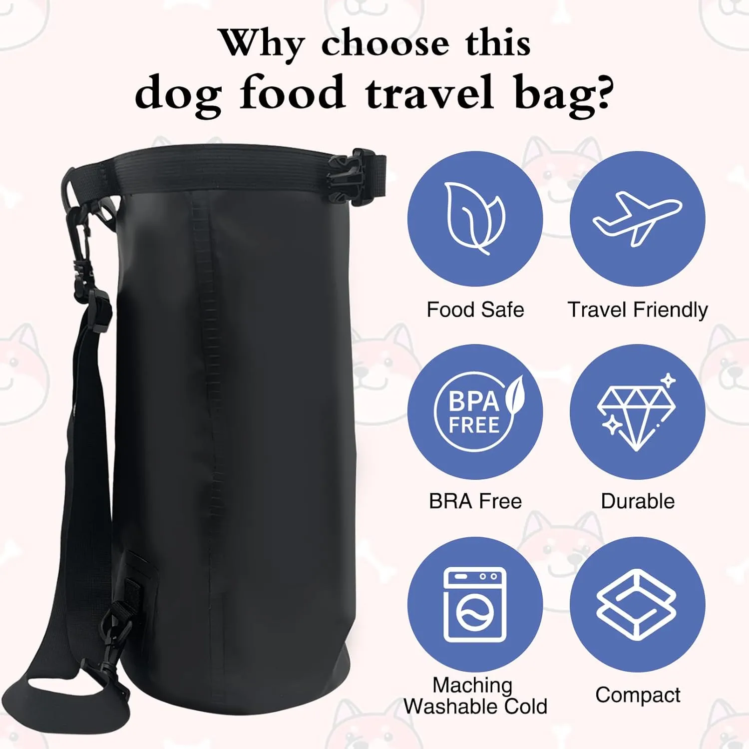 10L Large Dog Food Travel Bag with Shoulder Strap, Waterproof, Portable Puppy Feeder Container, Keeps Food Fresh for Camping Hiking