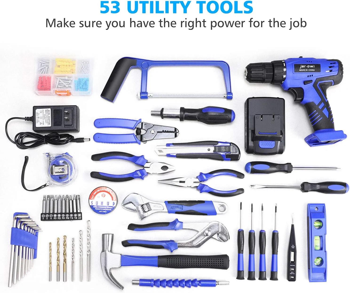 112 Piece Power Tool Combo Kits with 21V Cordless Drill, Professional Household Home Tool Kit Set with DIY Hand Tool Kits for Garden Office House Repair Maintain-Blue
