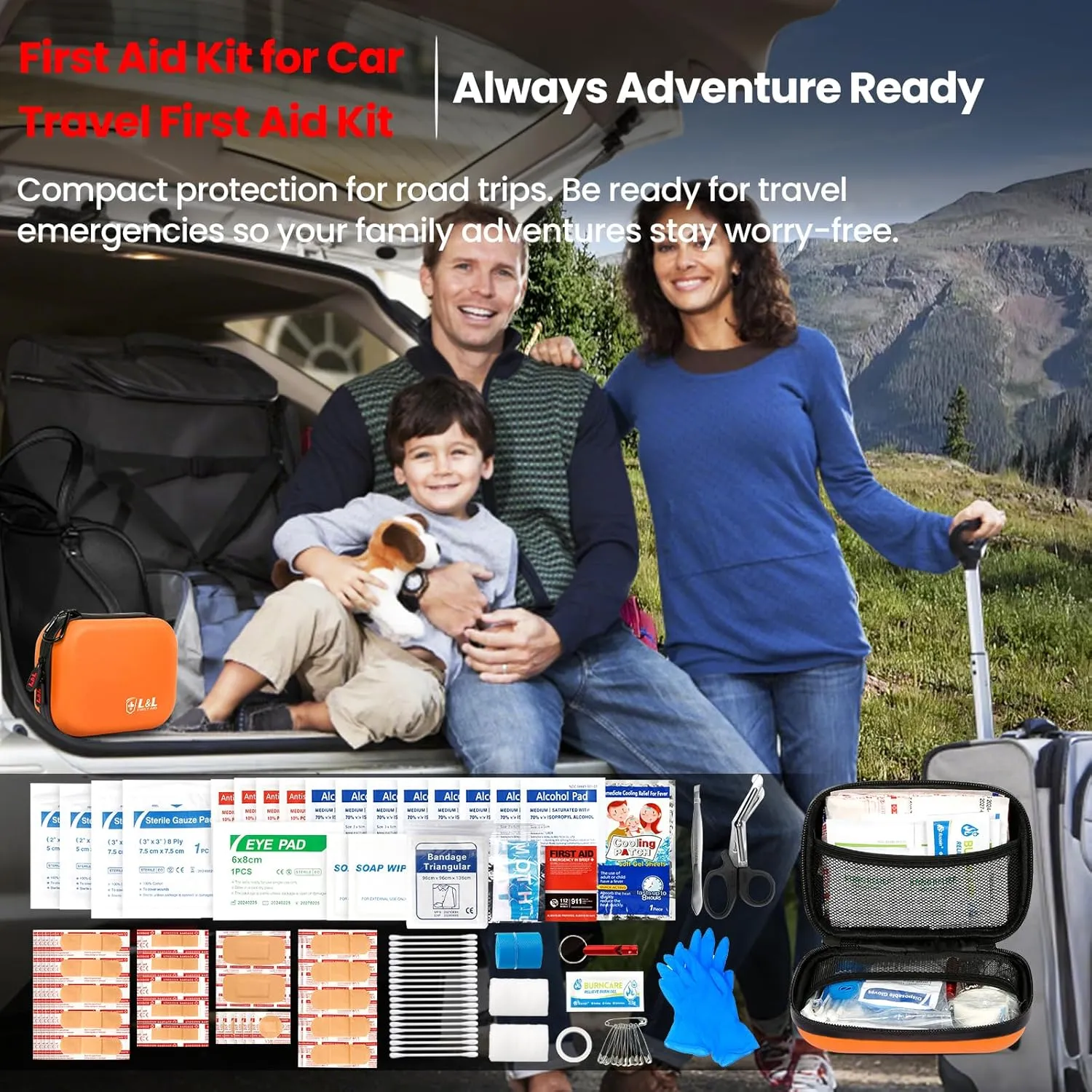 120-Piece First Aid Kit for Travel,Car & Emergency Survival - Compact Waterproof Medical Supplies with Trauma Bandages,Burn Gel & Fever Cooling Patch | Portable for Camping,Hiking,Sports(Orange)