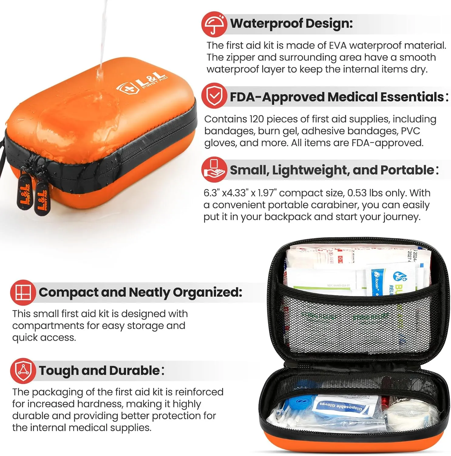 120-Piece First Aid Kit for Travel,Car & Emergency Survival - Compact Waterproof Medical Supplies with Trauma Bandages,Burn Gel & Fever Cooling Patch | Portable for Camping,Hiking,Sports(Orange)