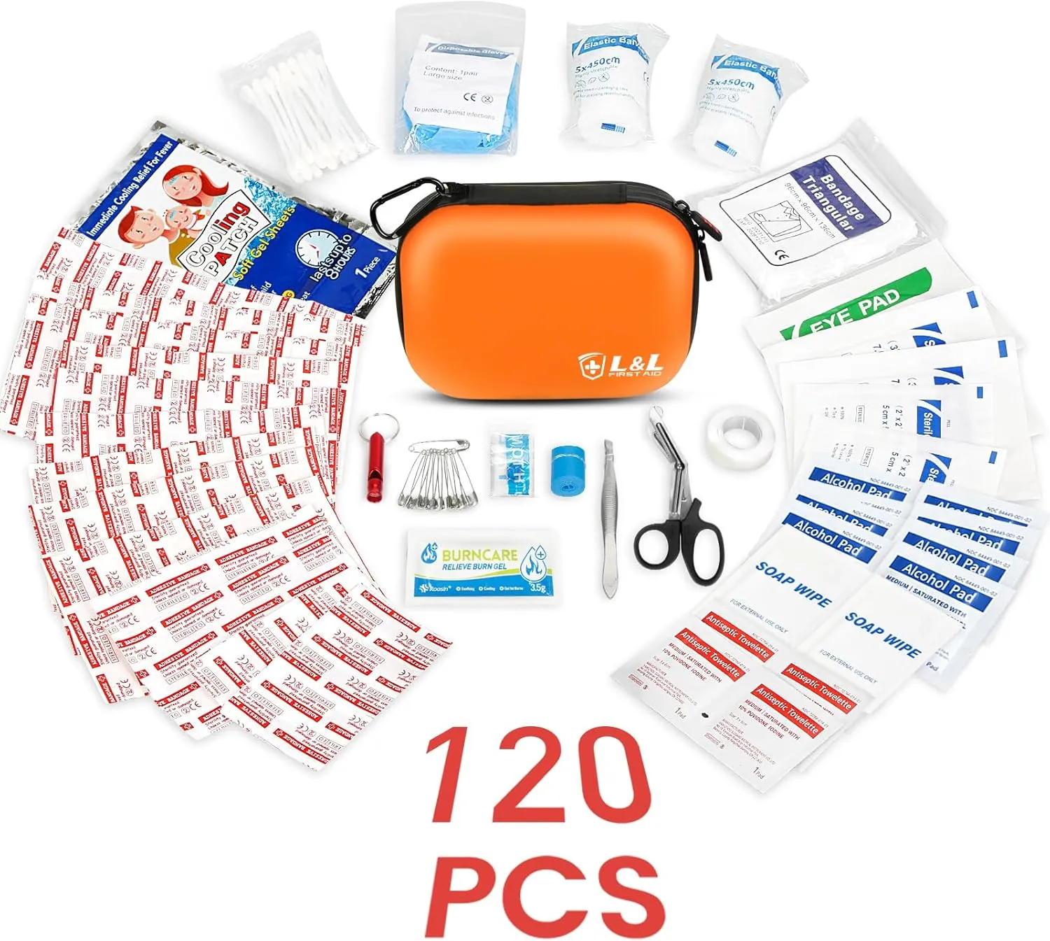 120-Piece First Aid Kit for Travel,Car & Emergency Survival - Compact Waterproof Medical Supplies with Trauma Bandages,Burn Gel & Fever Cooling Patch | Portable for Camping,Hiking,Sports(Orange)
