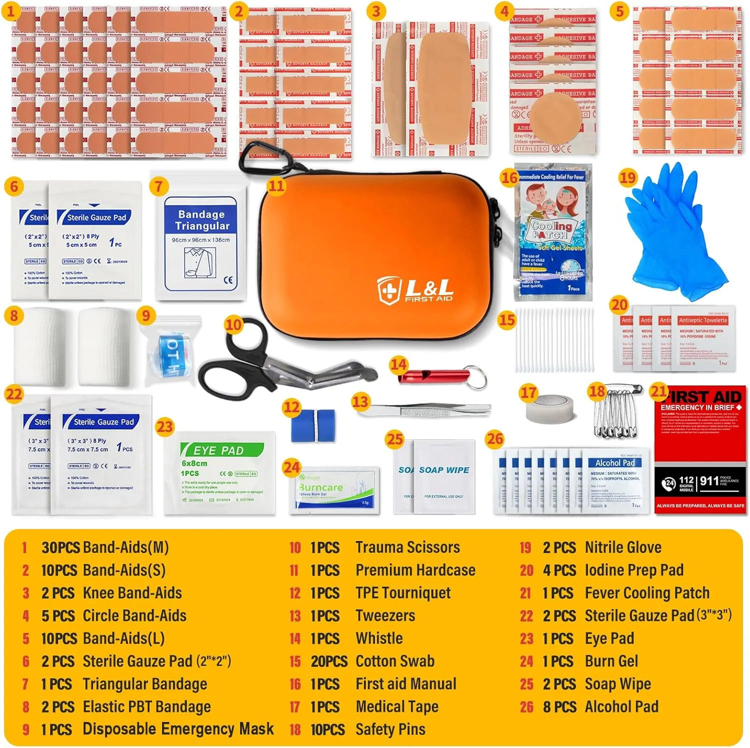 120-Piece First Aid Kit for Travel,Car & Emergency Survival - Compact Waterproof Medical Supplies with Trauma Bandages,Burn Gel & Fever Cooling Patch | Portable for Camping,Hiking,Sports(Orange)