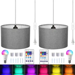 15FT Plug in Pendant Light with Switch,Hanging Lights with Plug in Cord, Hanging Light Pendant Lamp with Remote Control，Pendant Light Fixture for Living Room Bedroom Farmhouse (Grey x2)