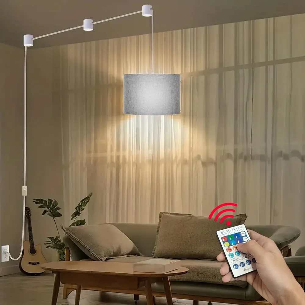 15FT Plug in Pendant Light with Switch,Hanging Lights with Plug in Cord, Hanging Light Pendant Lamp with Remote Control，Pendant Light Fixture for Living Room Bedroom Farmhouse (Grey x2)
