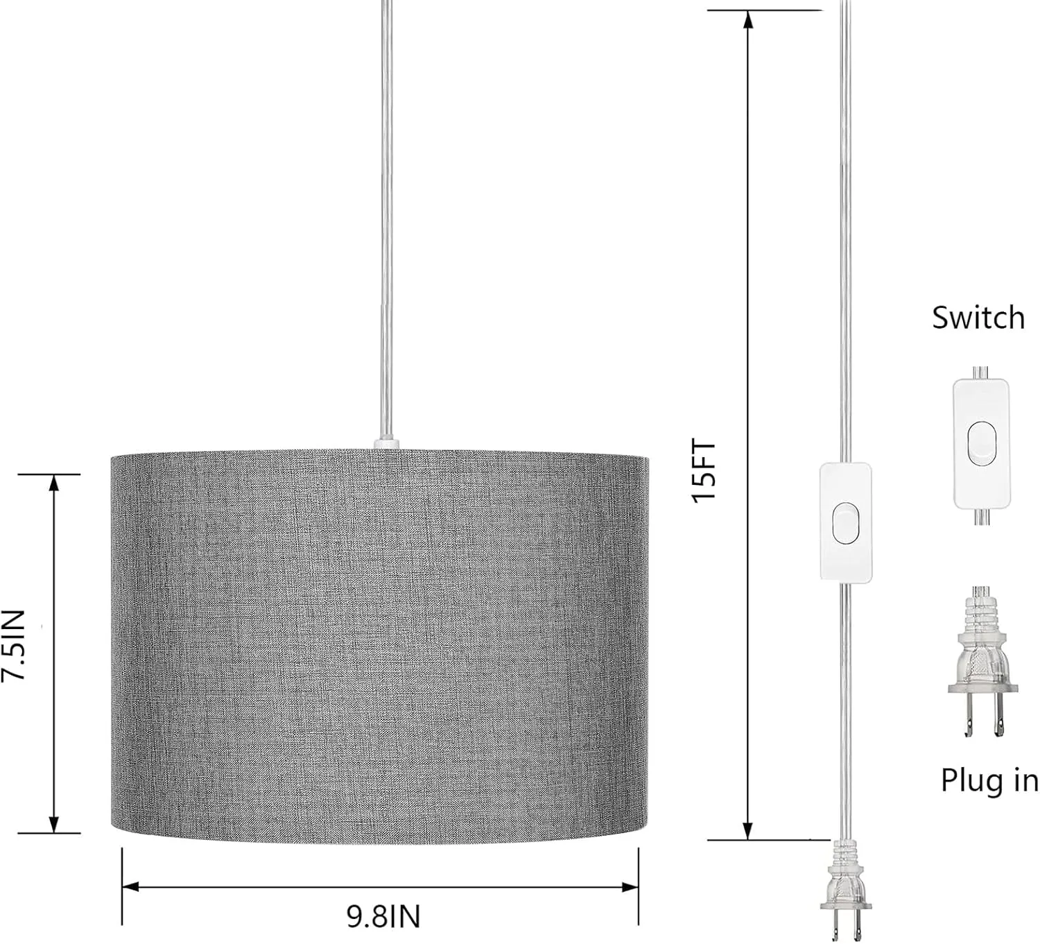 15FT Plug in Pendant Light with Switch,Hanging Lights with Plug in Cord, Hanging Light Pendant Lamp with Remote Control，Pendant Light Fixture for Living Room Bedroom Farmhouse (Grey x2)