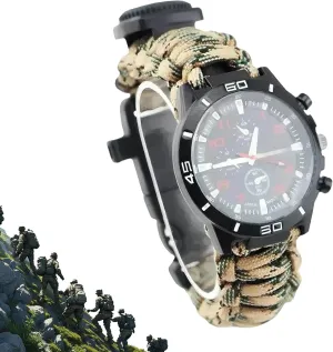 16 in 1 Sports Survival Bracelet, Outdoor 7 Core Paracord Mountaineering Waterproof Watch Emergency Wristband First Aid Tools with Fishing Kit