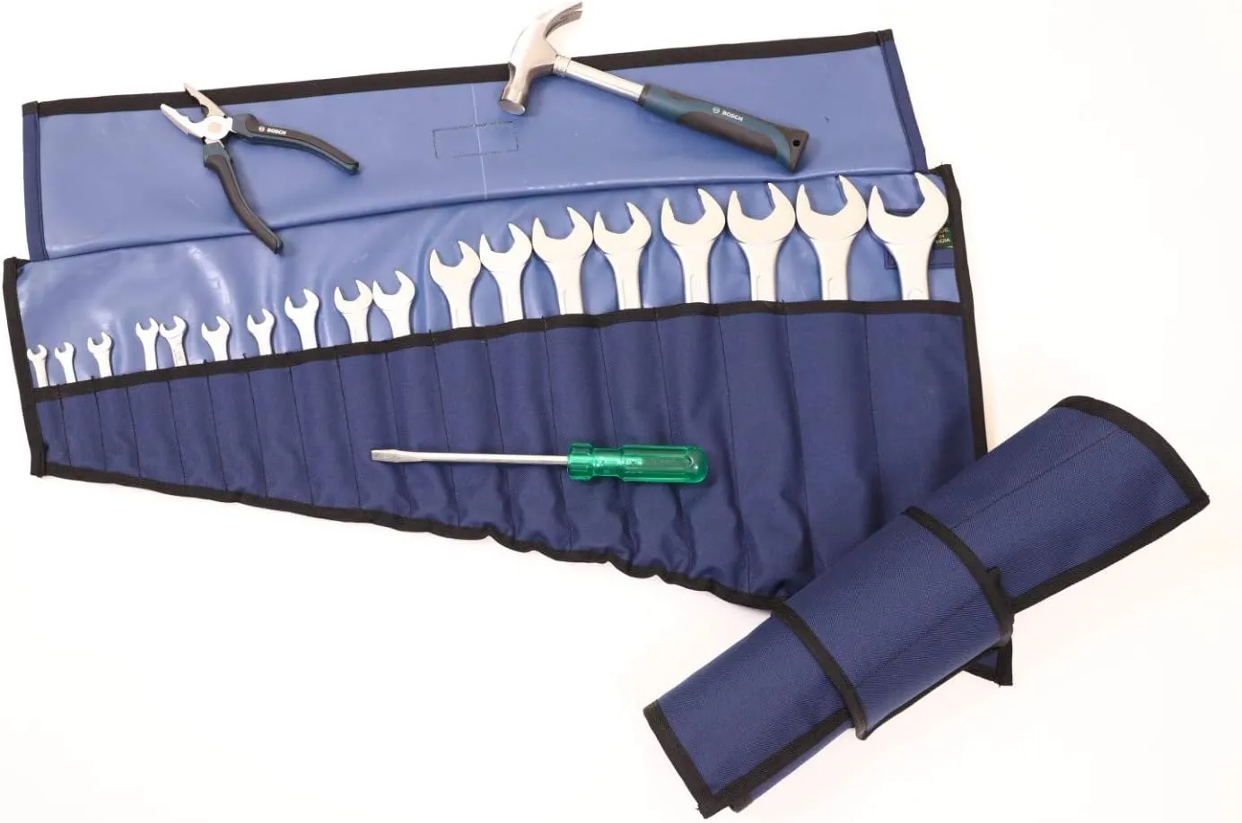 18 Pocket Wrench & Tool Roll Up Pouch Organizer Bag Handmade Waterproof PVC Laminated Ballistic Polyester Canvas for Craftsman Gear Drive Users Ready Portable Storage Round Easy Grip | (Navy Blue)