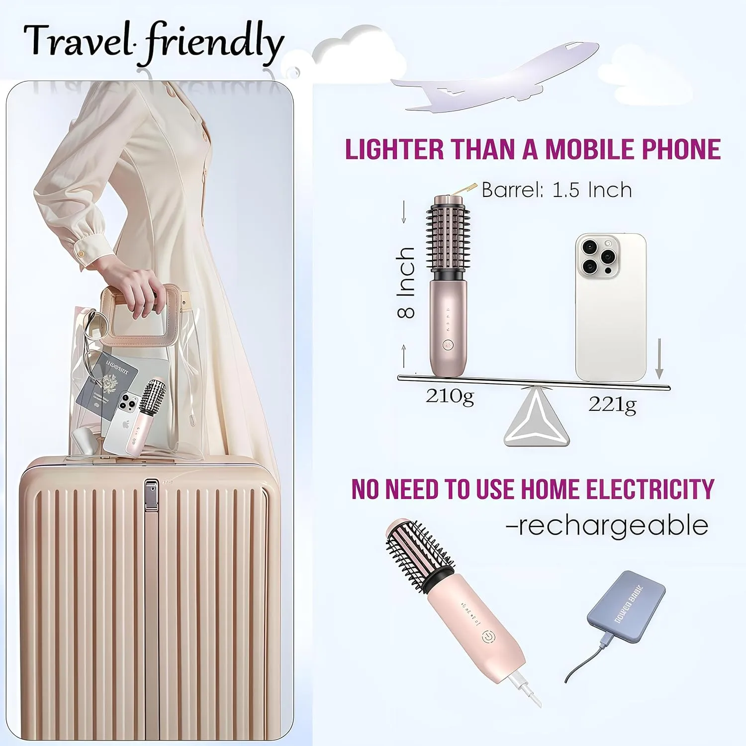 2-in-1 Cordless Curling Iron & Straightener Brush,Heated Hair Styler with Needle Teeth Comb,USB-C Rechargeable,4 Temp,200M Ionic for Curls/Straightening/Smoothing (Women & Travel) (White)