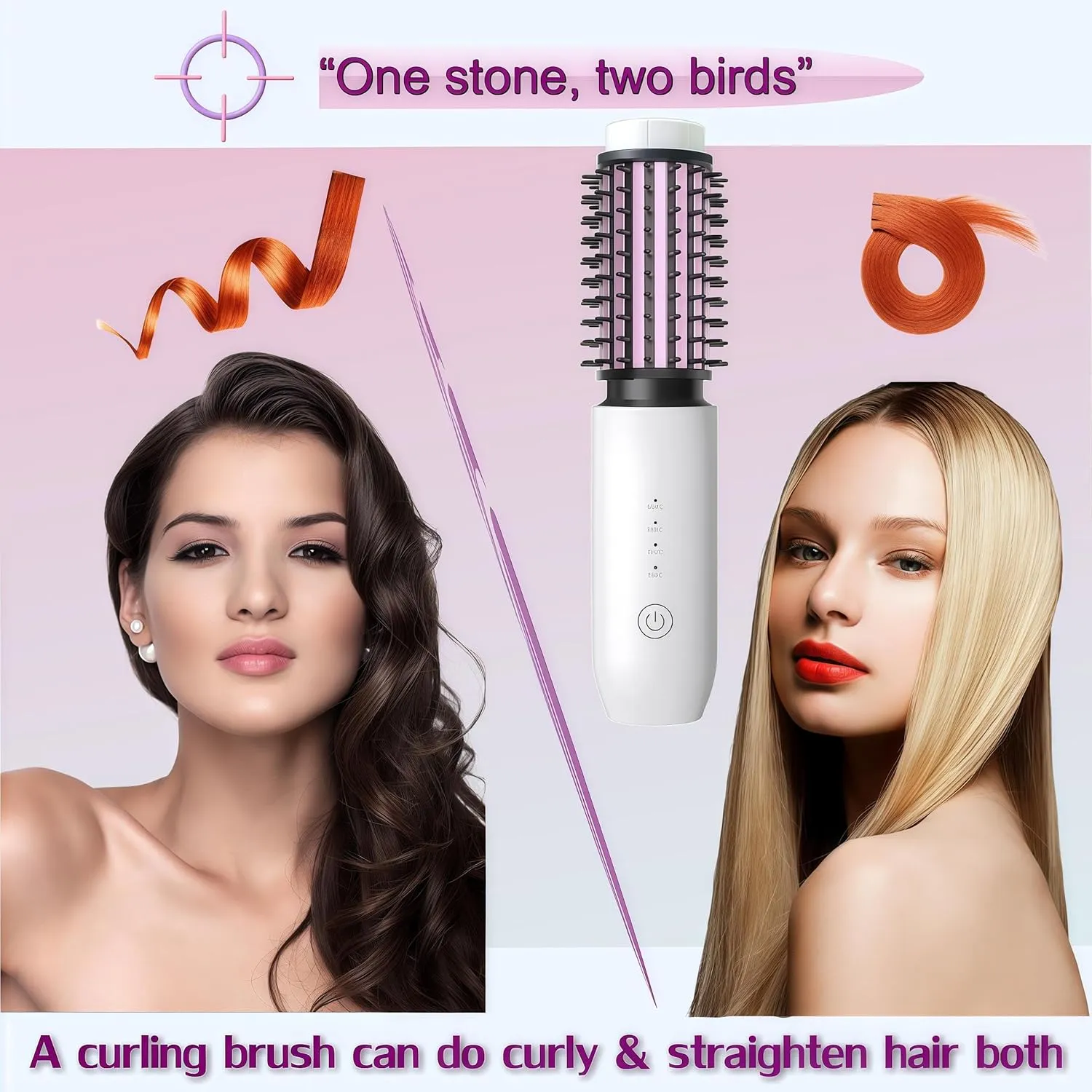 2-in-1 Cordless Curling Iron & Straightener Brush,Heated Hair Styler with Needle Teeth Comb,USB-C Rechargeable,4 Temp,200M Ionic for Curls/Straightening/Smoothing (Women & Travel) (White)