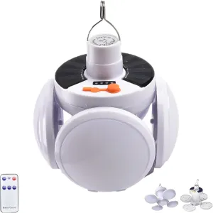 2 in 1 Folding Solar Lamp, Tenddaily Portable Tent Lamp with 5 Mode Remote Control, USB Rechargeable Camping LED Lights for Outdoor, Fishing, Hiking, Emergency Power Outages (White,1PCS)