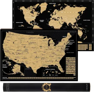 2 in 1 Gift Set - Scratch Off World Map and US Scratch off Map - Easy to Frame Scratchable World and United States of America Posters - Globetrotters Wall Map - Black and Gold Travel Tracker