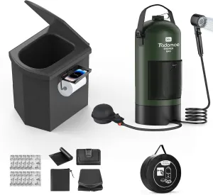 2-in-1 Portable Shower and Folding Toilet for Camping – 5-Gallon Shower Kit with Eco-friendly Foot Pump & 3 Spray Modes, Heavy-Duty Folding Toilet with 440 lbs Load Capacity, Perfect for Outdoor Adven