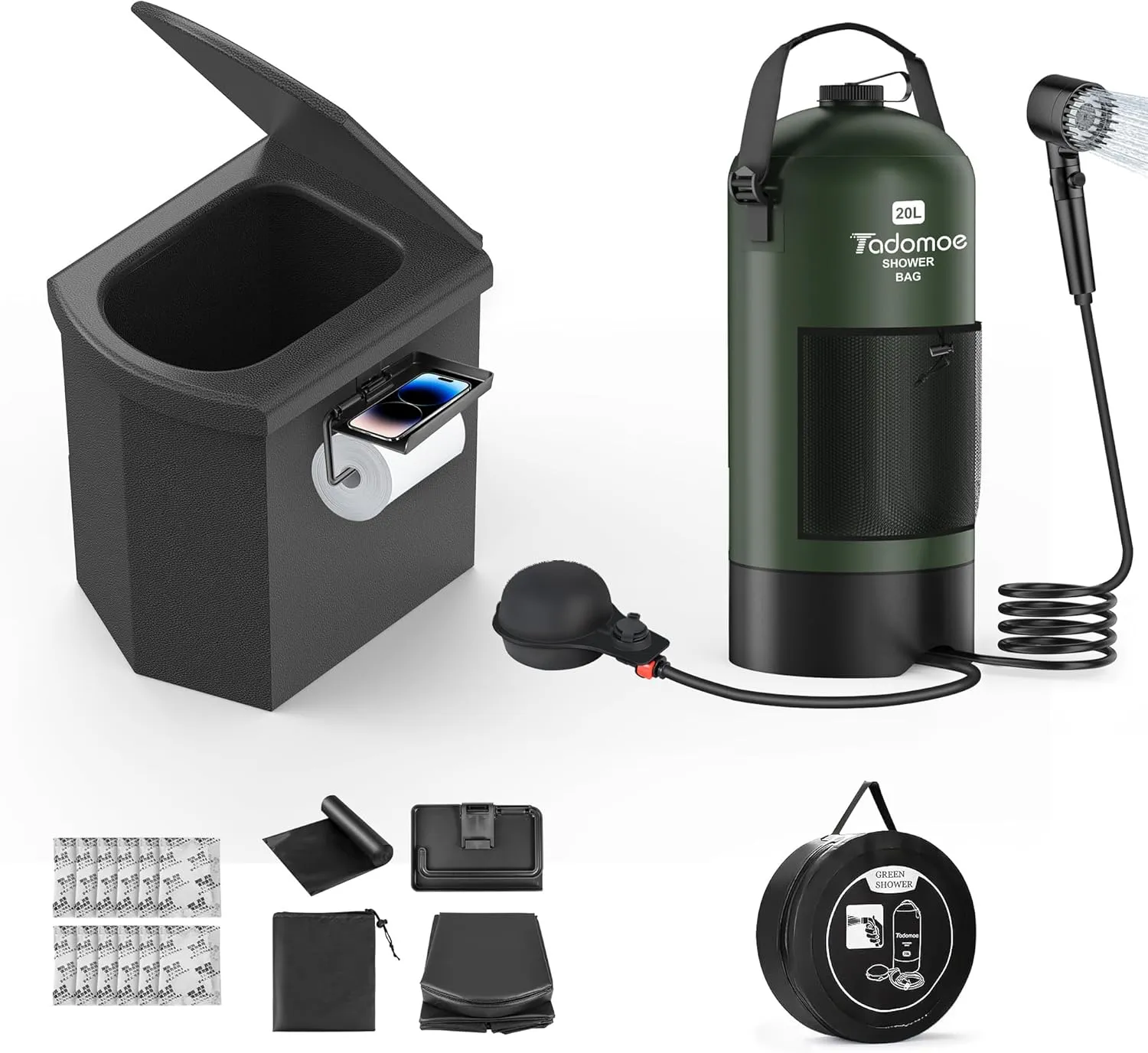 2-in-1 Portable Shower and Folding Toilet for Camping – 5-Gallon Shower Kit with Eco-friendly Foot Pump & 3 Spray Modes, Heavy-Duty Folding Toilet with 440 lbs Load Capacity, Perfect for Outdoor Adven