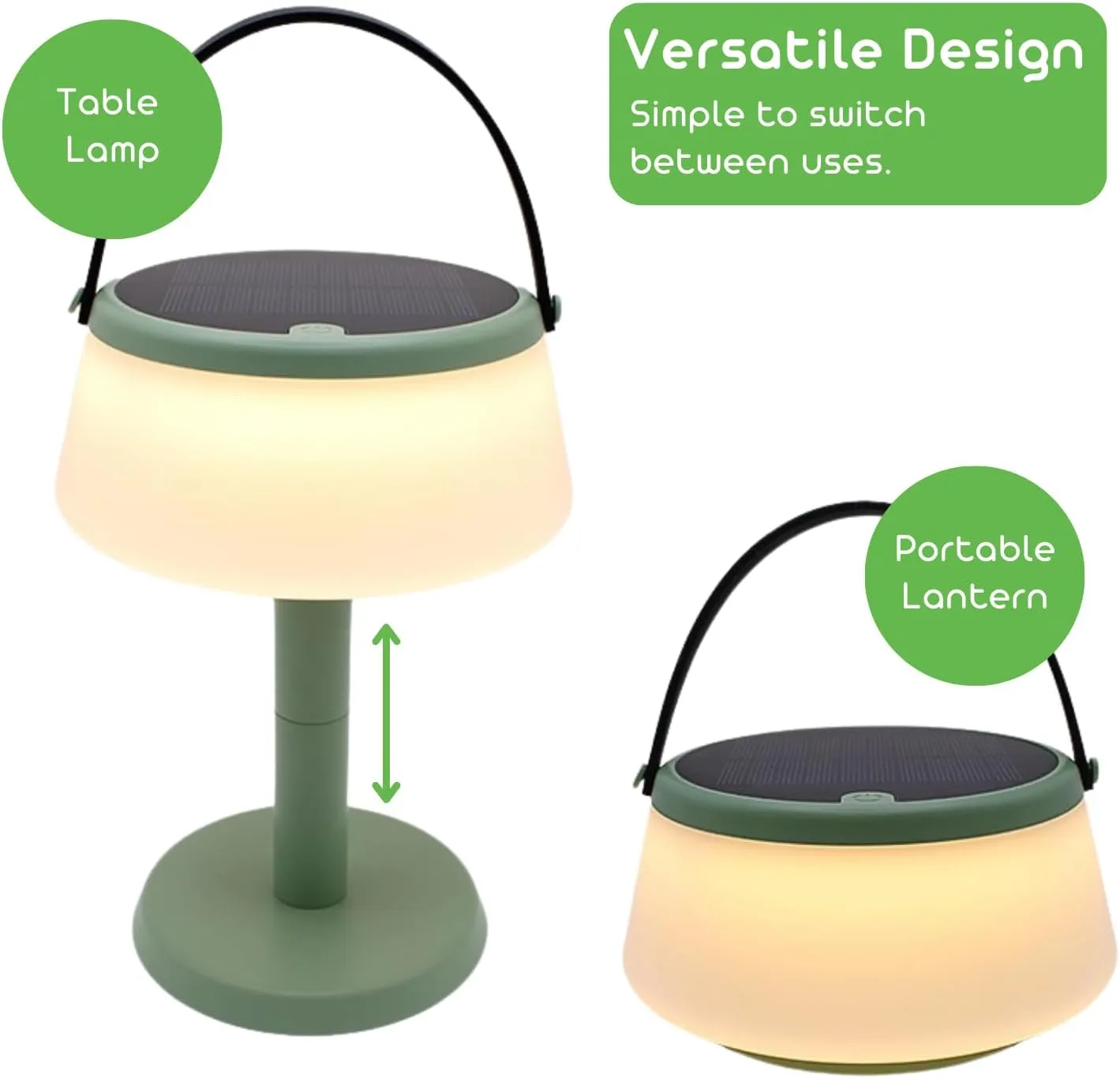 2-in-1 Portable Solar Power LED Table Lamp & Lantern - Indoor/Outdoor - Stepless Dimming - Rechargeable Battery - 330 lumens, 2700K - IP44 Weather Resistant - Green