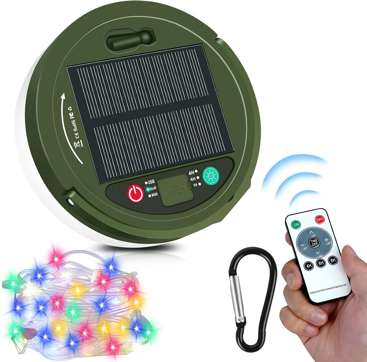 2 in 1 RGB Solar Camping Light, 39.4ft 120 LEDs String Light RGB with Remote Control, Rechargeable, Waterproof for Outdoor Camping and Hiking