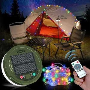 2 in 1 RGB Solar Camping Light, 39.4ft 120 LEDs String Light RGB with Remote Control, Rechargeable, Waterproof for Outdoor Camping and Hiking