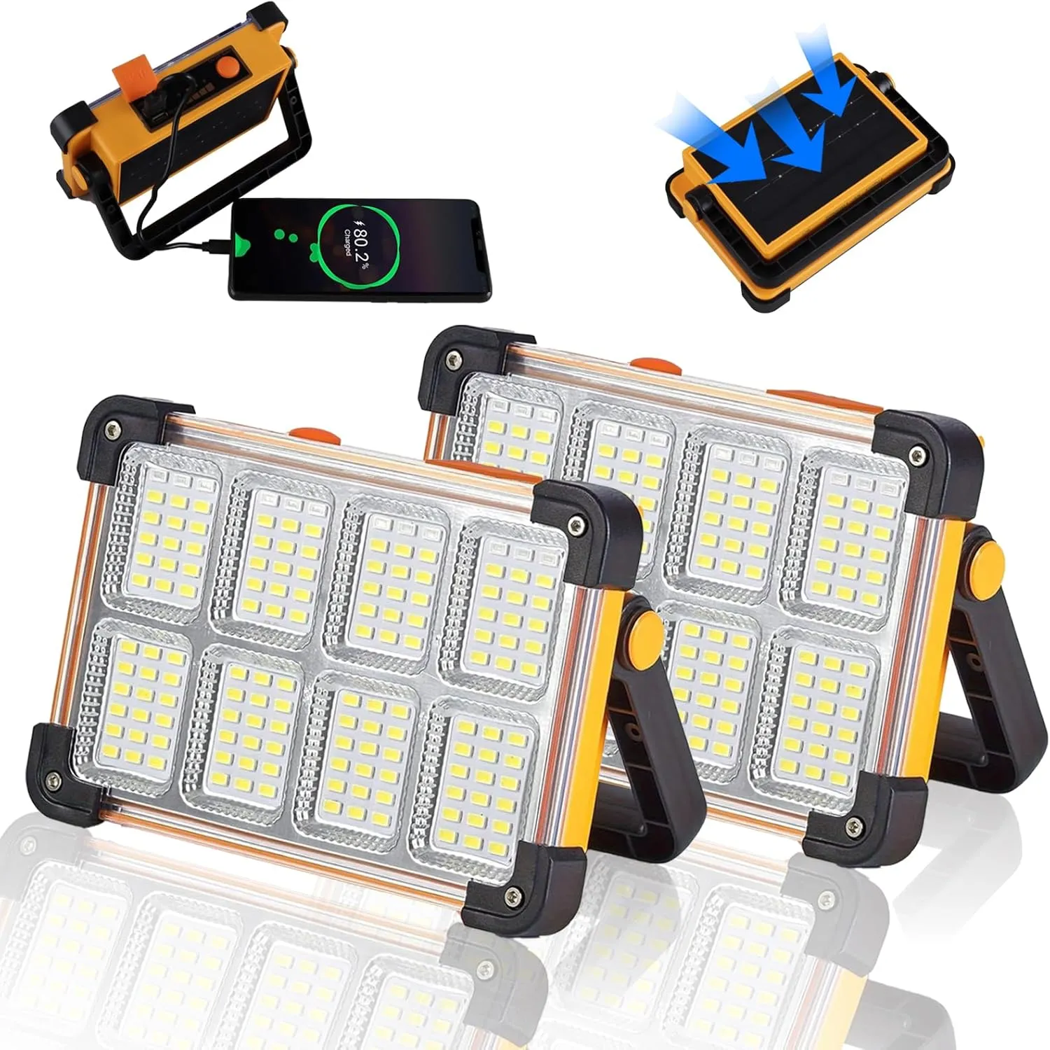 2 Pack 120W Solar Rechargeable Work Light, 144 LED 10000LM Portable Flood Light with Stand, IP66 Waterproof Power Bank 4 Modes LED Job Site Lighting Flashlights for Mechanic Camping Fishing Car Repair