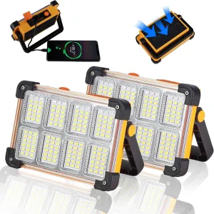 2 Pack 120W Solar Rechargeable Work Light, 144 LED 10000LM Portable Flood Light with Stand, IP66 Waterproof Power Bank 4 Modes LED Job Site Lighting Flashlights for Mechanic Camping Fishing Car Repair