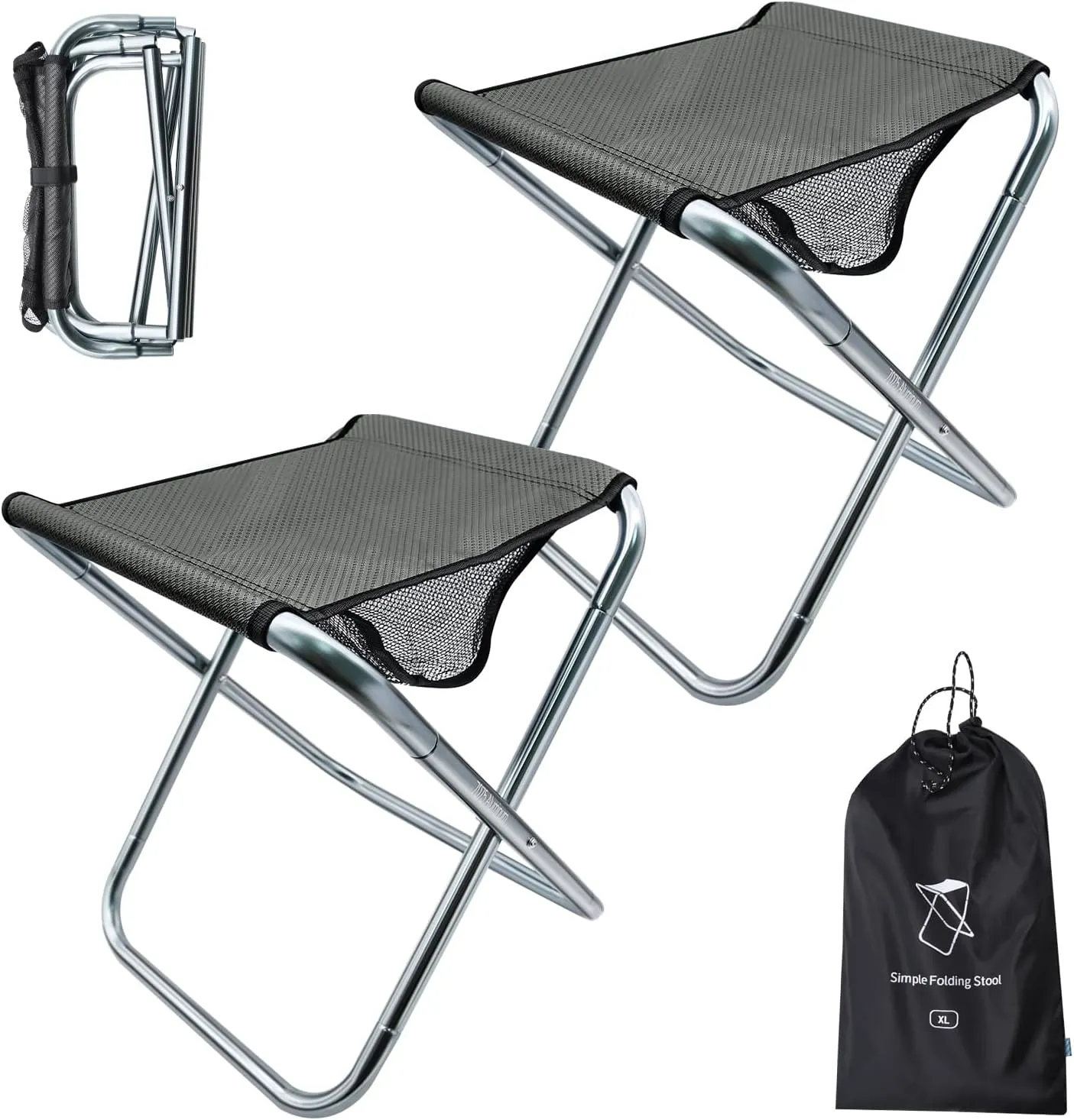 2 Pack Camping Stool, 16in Tall Large Size Folding Stool with Carry Bag, Aluminum Alloy Bracket, 1.5lbs Lightweight, Load Capacity to 300lbs, for Travel, BBQ, Fishing(2 Pack Grey)