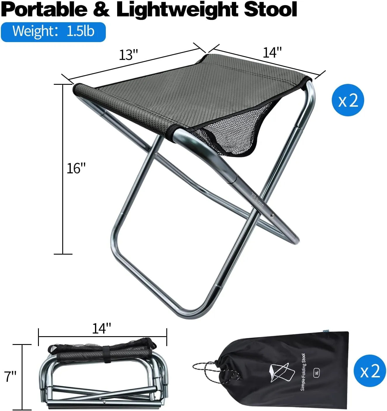 2 Pack Camping Stool, 16in Tall Large Size Folding Stool with Carry Bag, Aluminum Alloy Bracket, 1.5lbs Lightweight, Load Capacity to 300lbs, for Travel, BBQ, Fishing(2 Pack Grey)