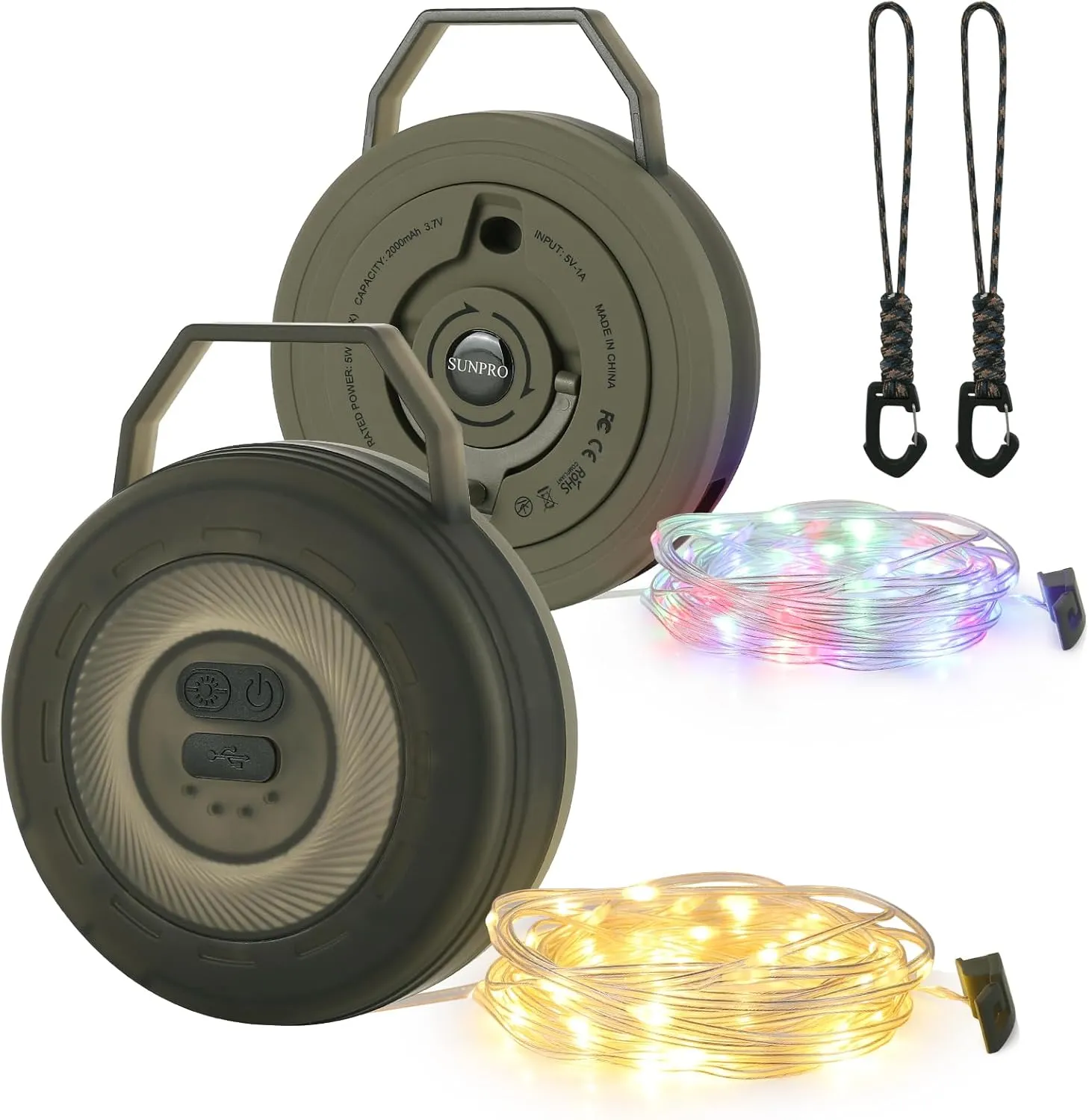 2 Pack Camping String Light, 2 in 1 Rechargeable String Lights, 7 Modes Outdoor Hanging Light for Camping, Tent Decor, Yard (32.8FT and 32.8FT) (Military Green)