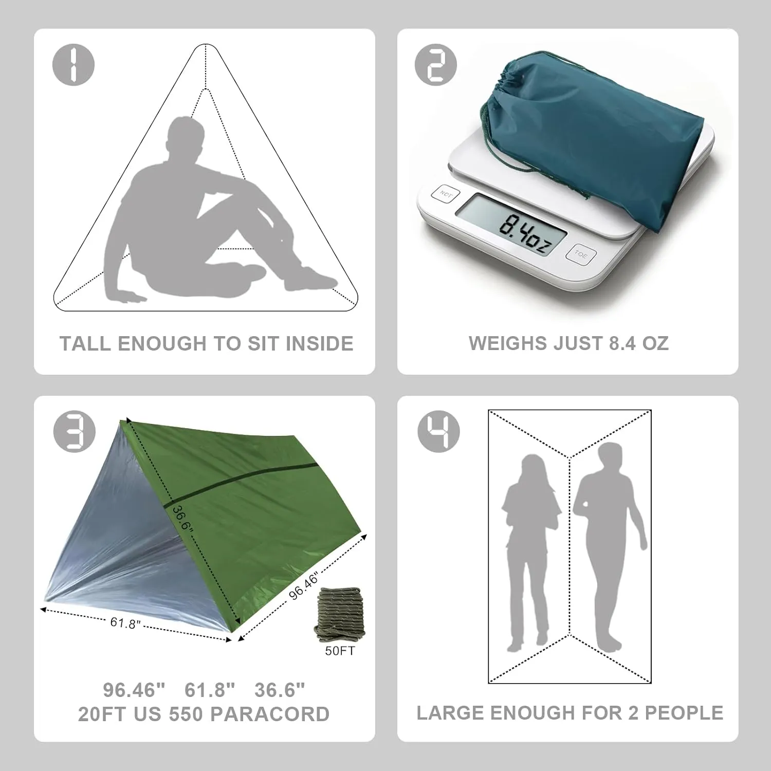 2 Pack Extra-Thick Survival Life Tent, 2 Person Mylar Emergency Shelter Tube Tents Survival Life Tarp with Paracord • All Weather Protection for Hiking, Camping & Outdoor, Green