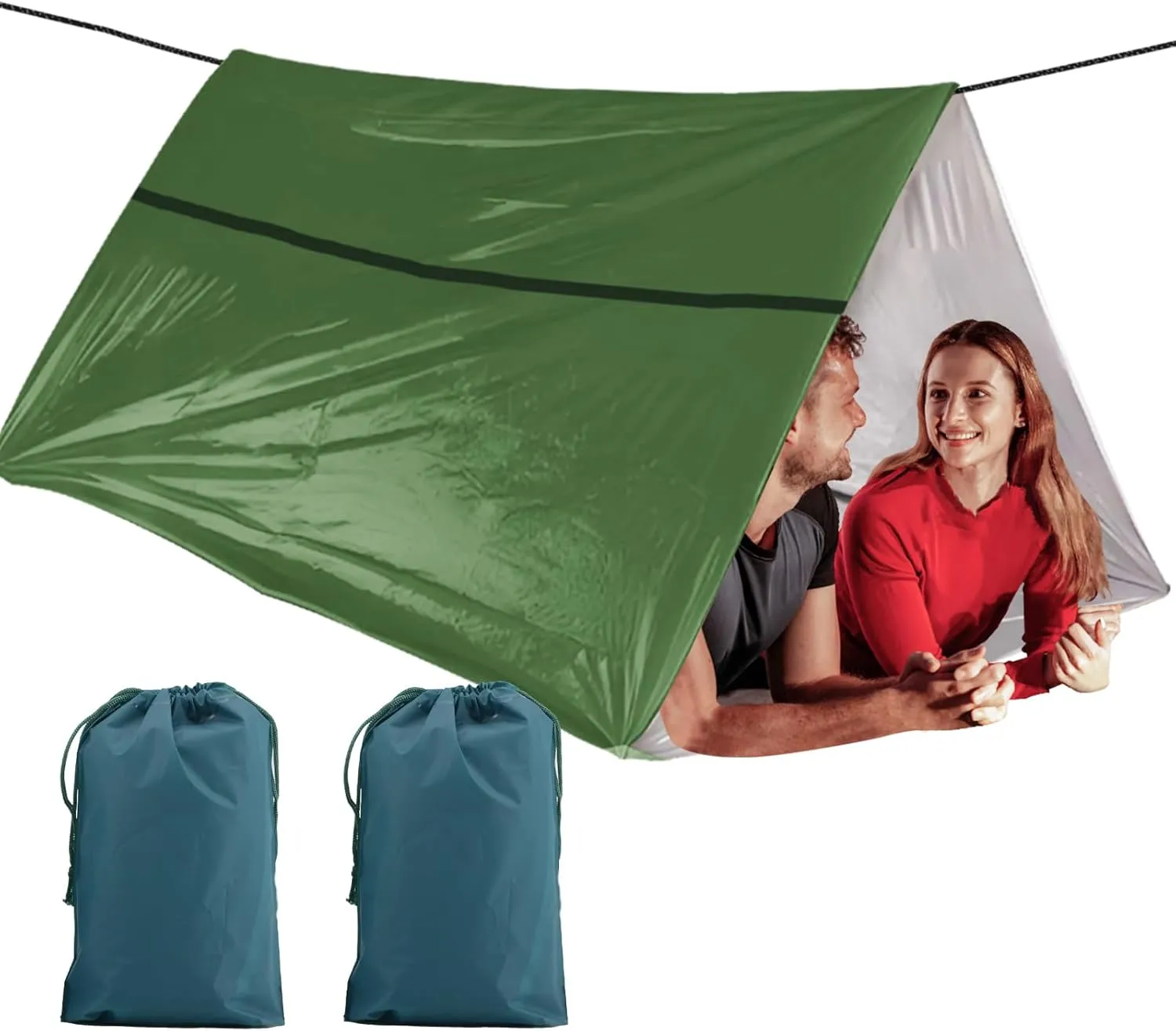 2 Pack Extra-Thick Survival Life Tent, 2 Person Mylar Emergency Shelter Tube Tents Survival Life Tarp with Paracord • All Weather Protection for Hiking, Camping & Outdoor, Green