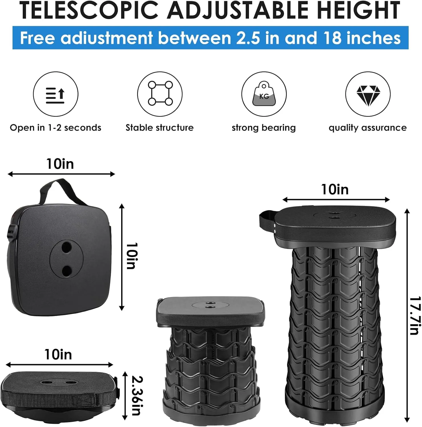 2 Pack Folding Camping Stool - Square Collapsible Portable Telescoping Stool for Fishing, Hiking, BBQ - Sturdy Lightweight Foldable, Max Load 485lb
