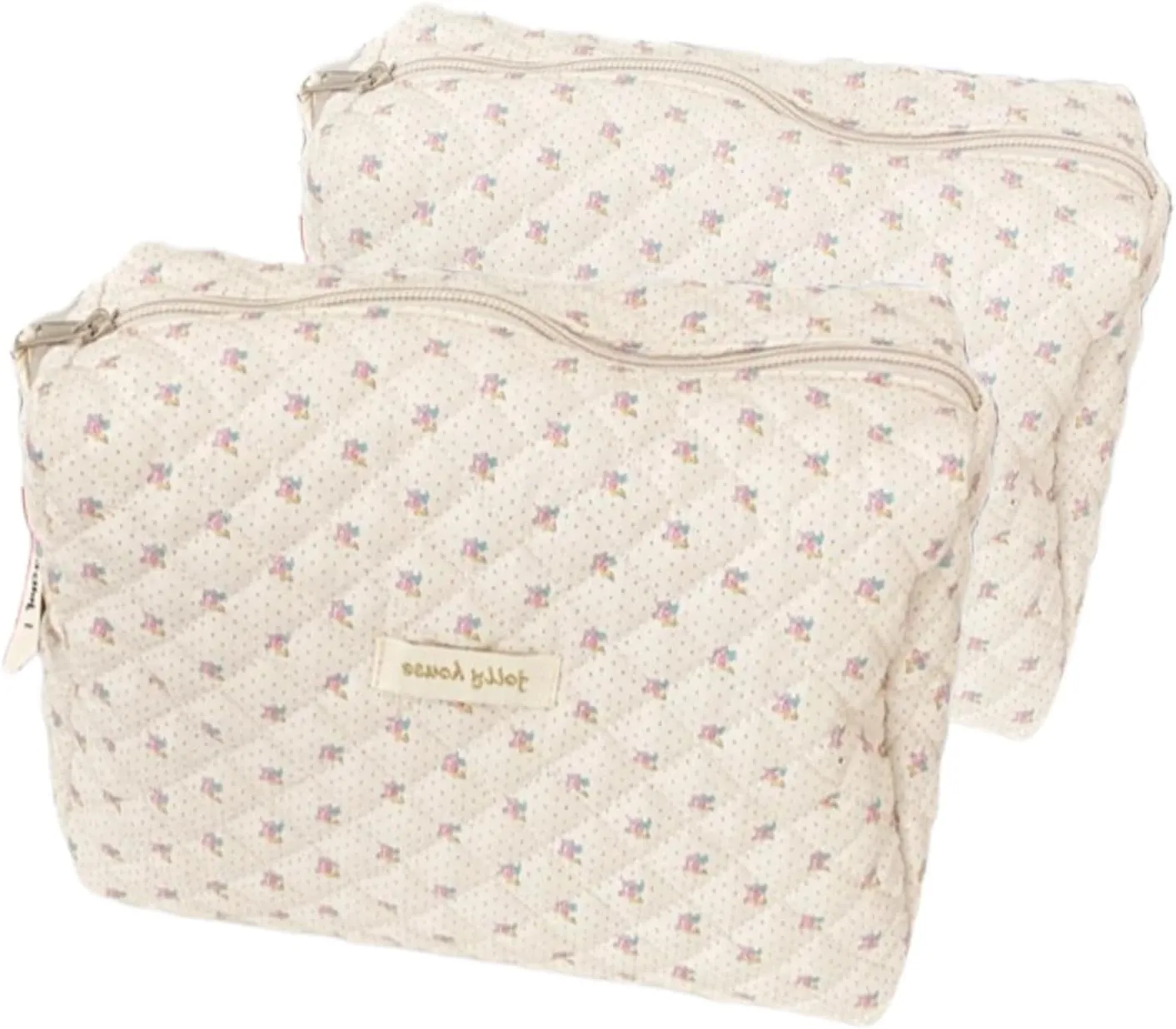 2 Pack Kawaii Cute Makeup Bag Aesthetic Travel Quilted Cotton Cosmetic Bag Organizer Toiletry Pouch for Women Teen Girls (Beige Floral)