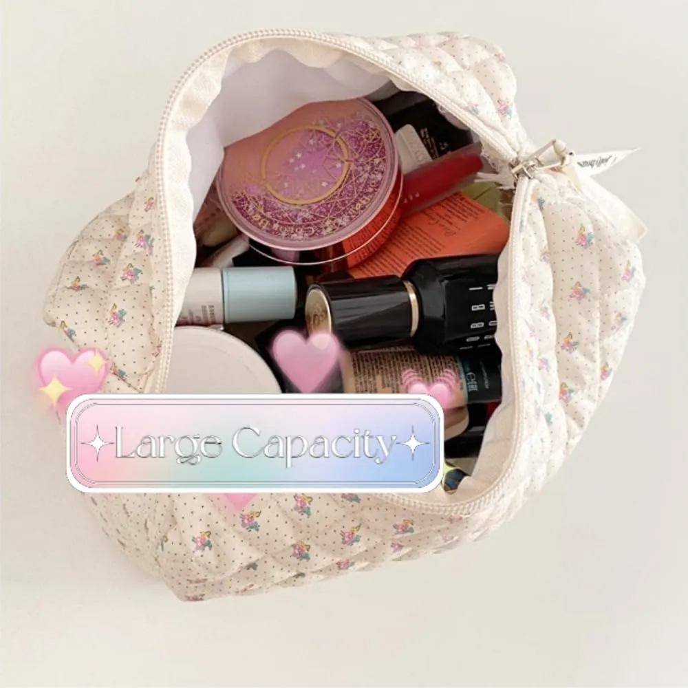 2 Pack Kawaii Cute Makeup Bag Aesthetic Travel Quilted Cotton Cosmetic Bag Organizer Toiletry Pouch for Women Teen Girls (Beige Floral)