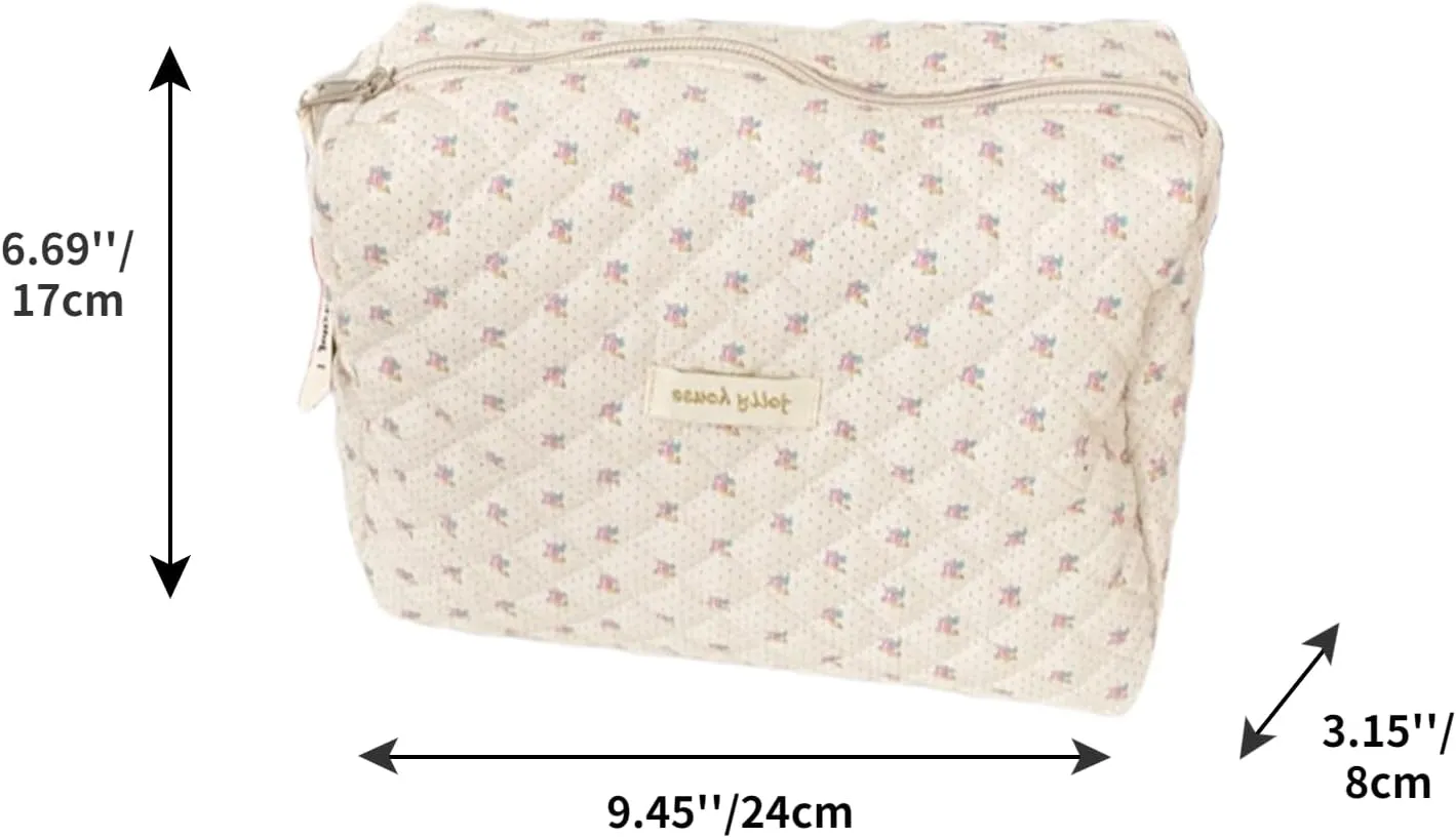 2 Pack Kawaii Cute Makeup Bag Aesthetic Travel Quilted Cotton Cosmetic Bag Organizer Toiletry Pouch for Women Teen Girls (Beige Floral)