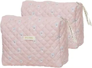 2 Pack Kawaii Cute Makeup Bag Aesthetic Travel Quilted Cotton Cosmetic Bag Organizer Toiletry Pouch for Women Teen Girls (Pink Rabbit)