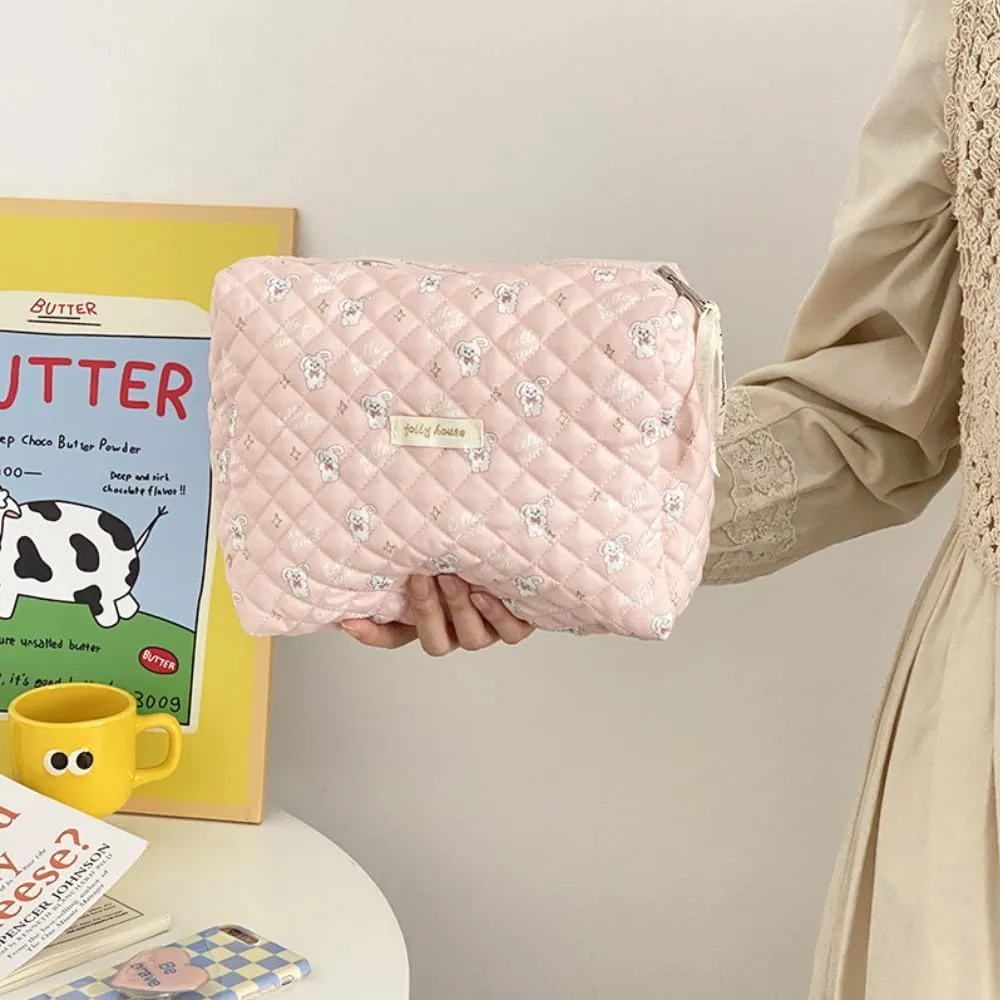 2 Pack Kawaii Cute Makeup Bag Aesthetic Travel Quilted Cotton Cosmetic Bag Organizer Toiletry Pouch for Women Teen Girls (Pink Rabbit)