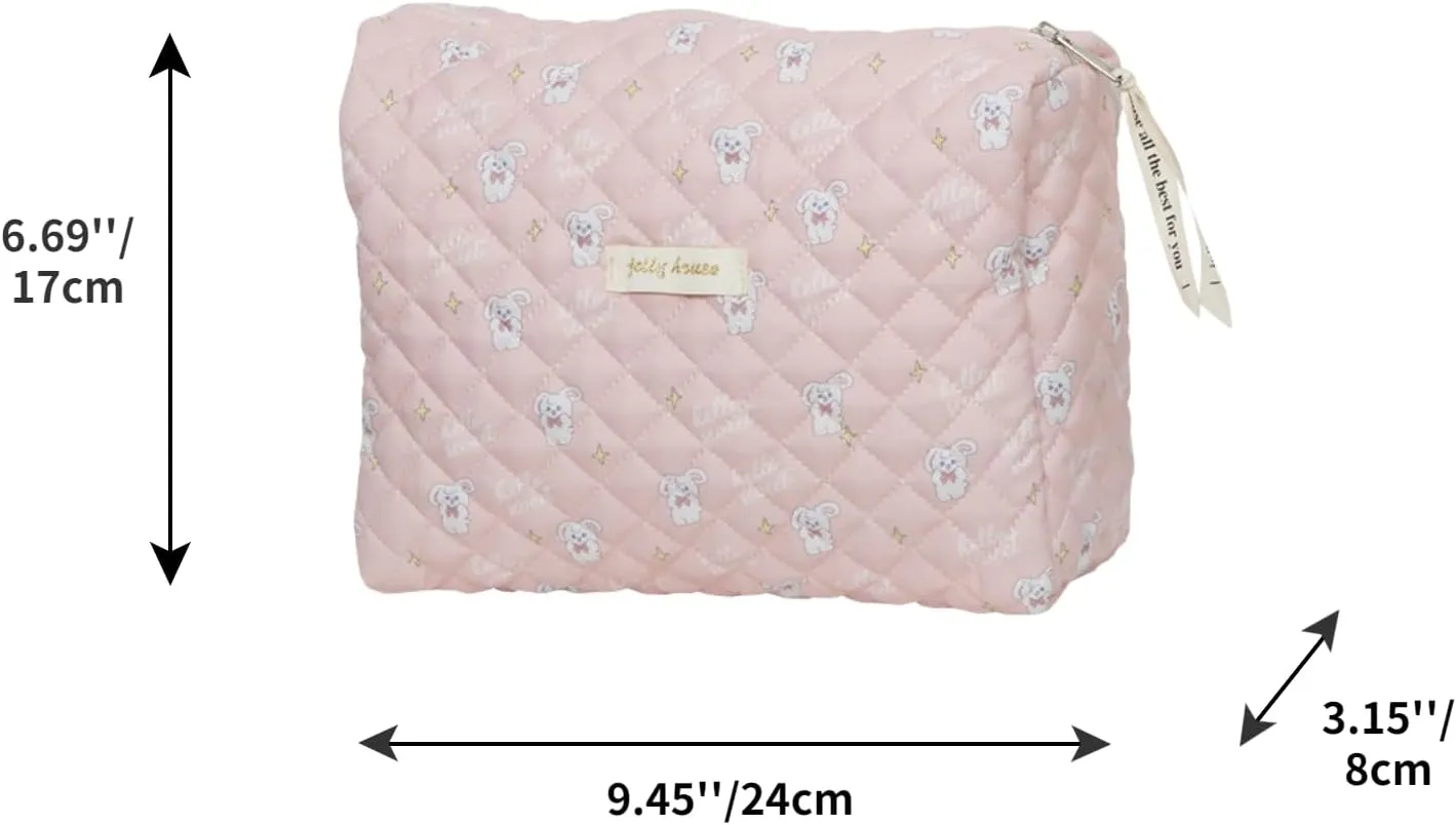 2 Pack Kawaii Cute Makeup Bag Aesthetic Travel Quilted Cotton Cosmetic Bag Organizer Toiletry Pouch for Women Teen Girls (Pink Rabbit)