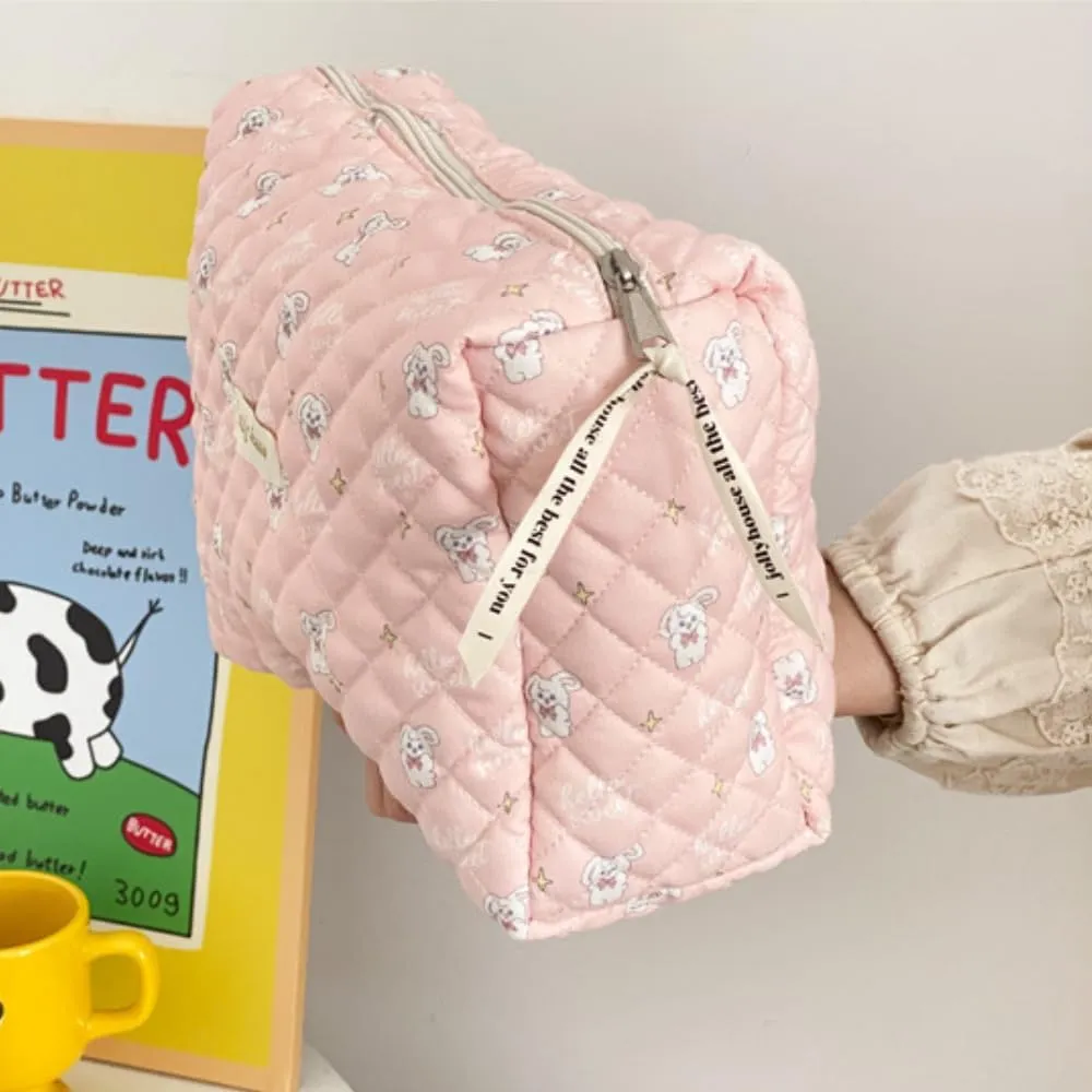 2 Pack Kawaii Cute Makeup Bag Aesthetic Travel Quilted Cotton Cosmetic Bag Organizer Toiletry Pouch for Women Teen Girls (Pink Rabbit)