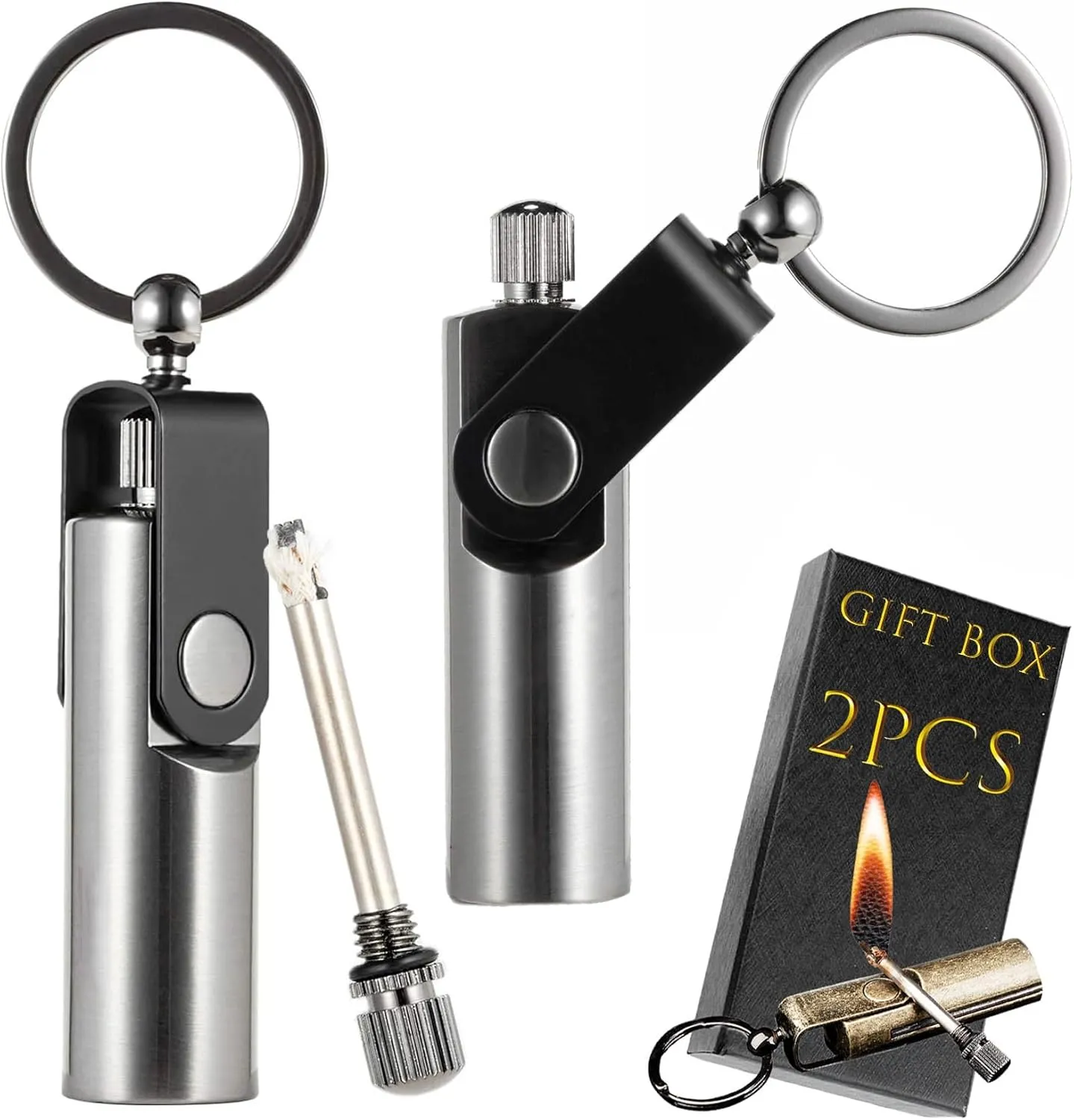 2 Pack Permanent Match, Kerosene Refillable, Waterproof Flint Fire Starter lighters/Keychain for Outdoor Camping Emergency Survival Gear(Black)